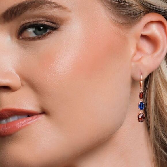 18K Rose Gold with 6.21Cttw 3 Stone Garnet and Royal Blue Sapphire Drop Earrings - Picture 3 of 5